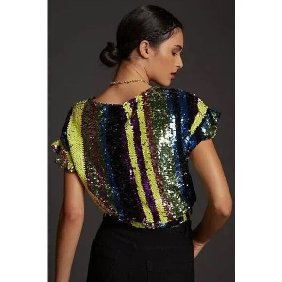 Rdalamal x Anthropologie Sequin Top Women XS Multicolor Crop Surplice Statement - Picture 4 of 16